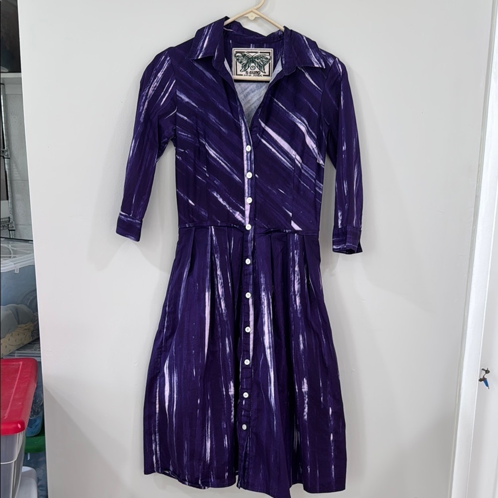 Samantha Sung fit and flare purple printed shirt button down dress
